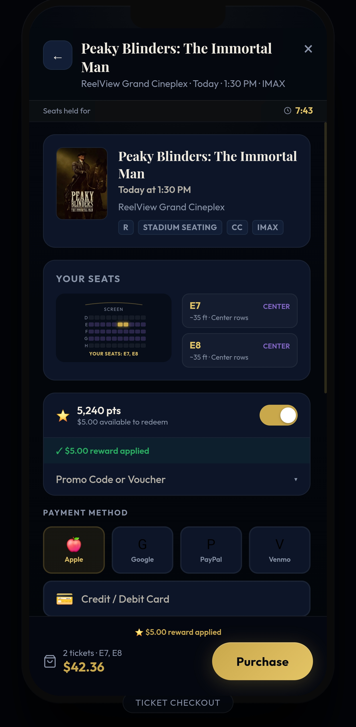 Rewards at checkout — screen 1