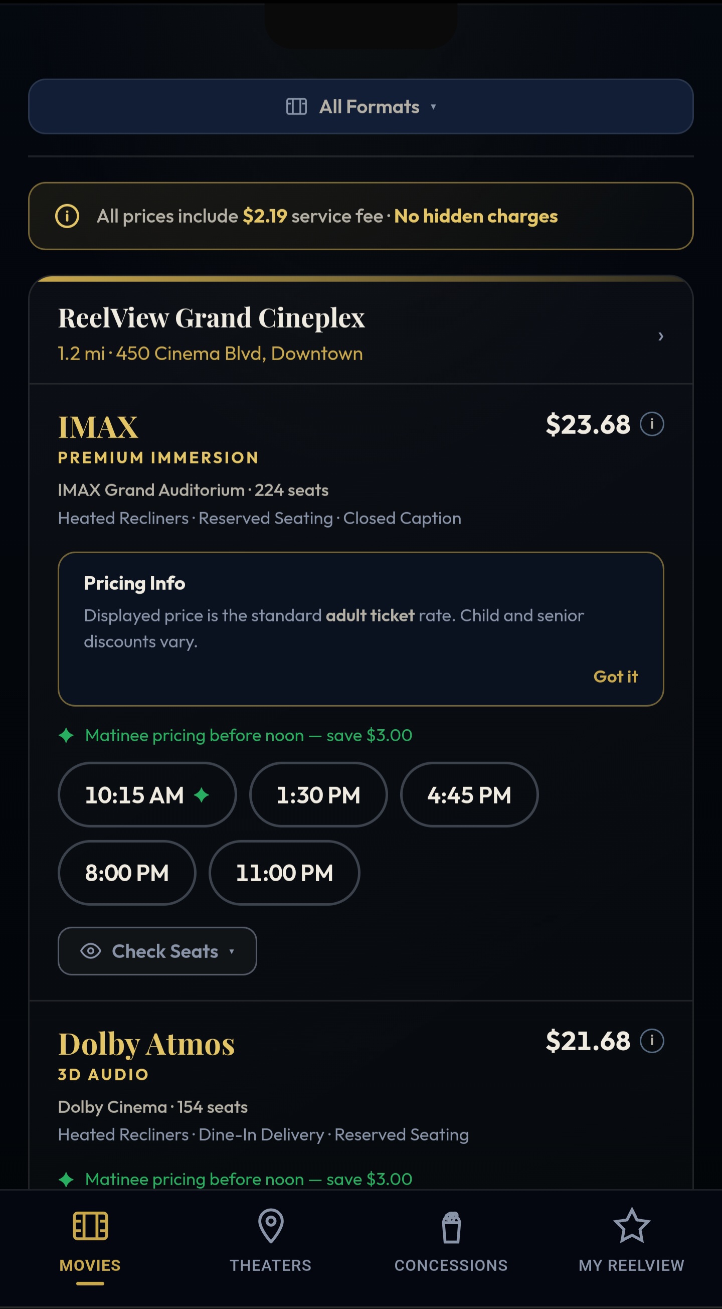 Showtimes pricing after — screen 1