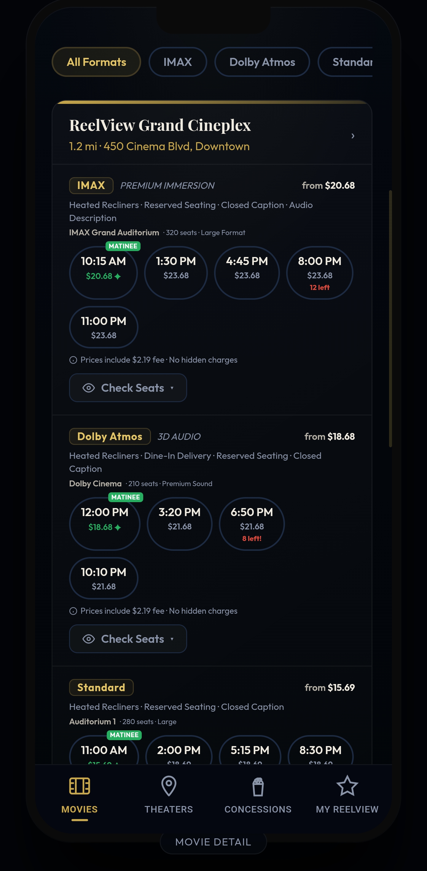 Showtimes pricing before — screen 1